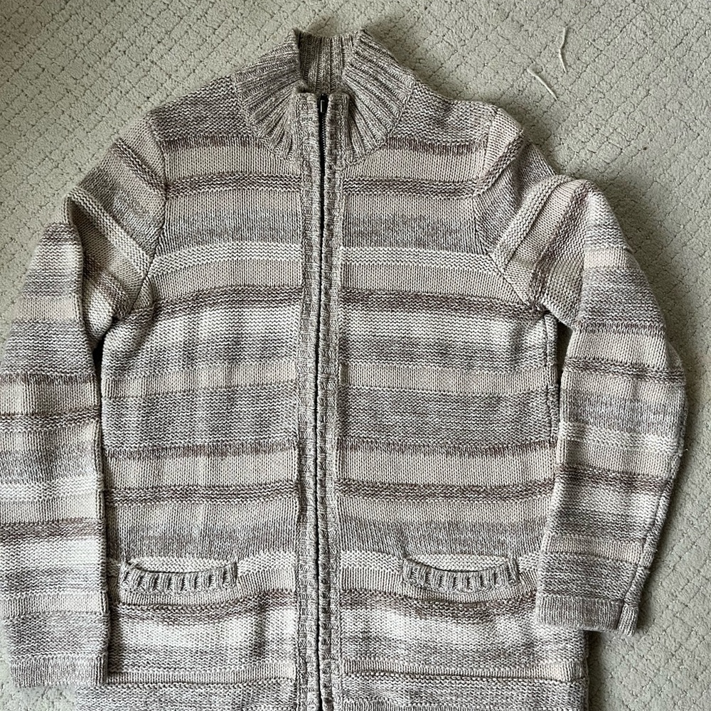 LL Bean Women’s Medium 100% Cotton Zip Up Sweater Neutral Striped Cozy Knit